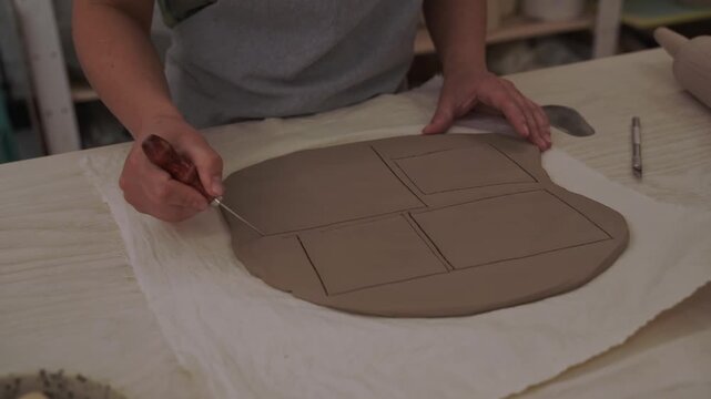 Using a sharp clay cutter to cut off a shape from the piece of clay 4k video. Cutting out figures from a flat sheet of clay with a sculpting tool.