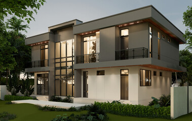 2-storey house, large garden area, parking space with garage and natural scenery background. 3D rendering.