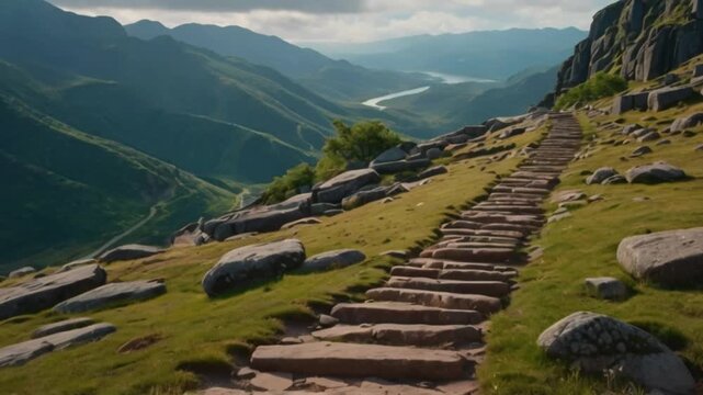 A winding trail up a mountain, lined with ancient runestones and leading to a majestic temple
