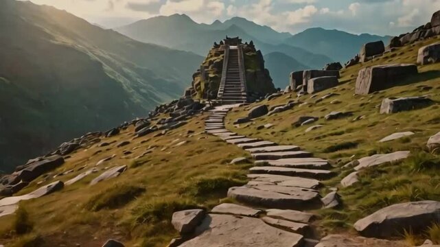 A winding trail up a mountain, lined with ancient runestones and leading to a majestic temple