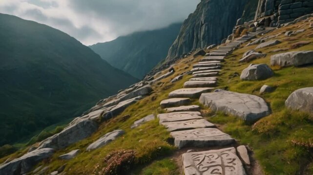A winding trail up a mountain, lined with ancient runestones and leading to a majestic temple