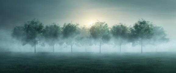 Fototapeta premium Dark forest with fog and mysterious lighting, with copy space