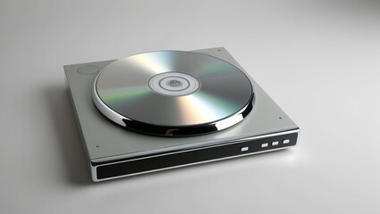 Close-up view of a modern DVD player with a reflective disc on top, isolated on a white background, showcasing sleek and compact design.