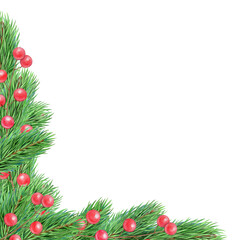 Pine tree branch decor painted illustration. Fir twigs with green needles, red berries corner frame isolated on white background. Winter holiday evergreen decoration, spruce or cedar element