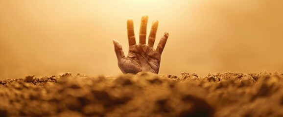 Zombie hand emerging from the ground with space for text