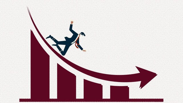 Animation of a businessman falling due to an economic decline represented by a downward graph. Concept of business failure and financial crisis.