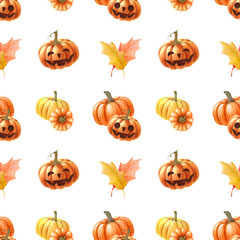Pumpkin Halloween decor seamless pattern. Watercolor illustration. Hand drawn spooky funny orange pumpkins, autumn leaves seamless pattern. Halloween holiday element symbol. White background
