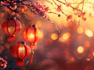 Obraz premium Festive Chinese Lanterns Illuminating a Rainy Street at Night
