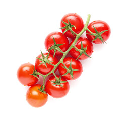 Many fresh cherry tomatoes on white background