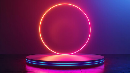 A vibrant neon circle on a modern pedestal, perfect for showcasing products or digital art in a futuristic ambiance.