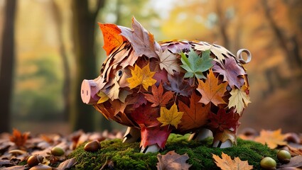 Piggy bank decorated with colorful autumn leaves, illustrating financial planning for seasonal expenses.