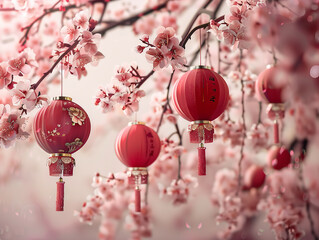 Fototapeta premium Festive Chinese Lanterns Illuminating a Rainy Street at Night