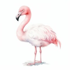 Obraz premium Watercolor, little pink flamingo stands on a white background. Concept of calmness and serenity
