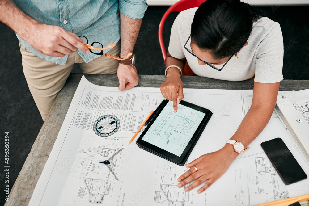 Poster architecture, hands and tablet with blueprint in office for creativity, project and planning with de