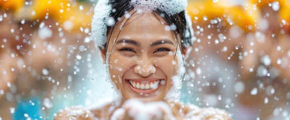 Fototapeta premium Songkran parade, vibrant colors and splashes, copy space, beautiful lighting