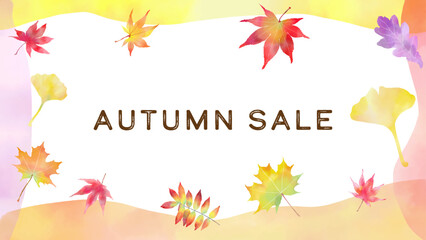 手描き、水彩のカラフルな秋の紅葉とフレーム。ベクターイラスト、白バック、16:9