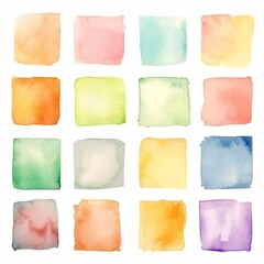 Watercolor, set of colorful squares with a background. The squares are of different colors and sizes, and they appear to be abstract. Scene is vibrant and lively, with the colors