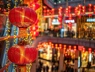 Naklejka premium Festive Chinese Lanterns Illuminating a Rainy Street at Night