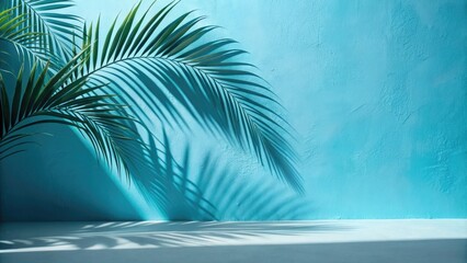 Minimal product placement background with palm shadow on blue plaster wall. Luxury summer architecture interior aesthetic. Boho home room for product platform stage mockup.