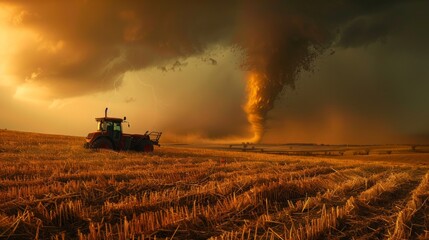 Fototapeta premium Tractor in a field with a looming tornado in the background