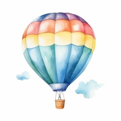 Naklejka premium Watercolor, colorful hot air balloon with a basket on top. The balloon is floating in the sky with a cloud in the background