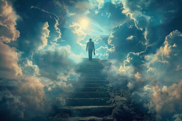 A man is walking on a path in the sky