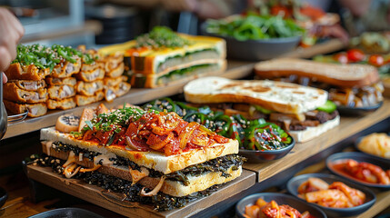 A variety of halal banchan, small side dishes including pickled vegetables and seaweed