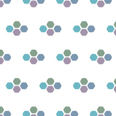 The image shows a repeating pattern of green, blue, and purple hexagons on a white background. This pattern is neat and aesthetically pleasing, perfect for modern designs.