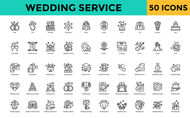 Wedding Service icon set with rings, love, marriage, celebration, bride, groom, dress, suit, bouquet, cake icon. Simple line vector 
