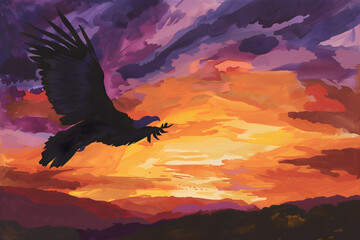 Photograph of a vulture flying in the sky with its wings fully extended against a vibrant sunset, with purple, orange and yellow tones