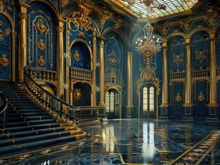 Obraz premium Elegant interior design featuring a grand chandelier and rich marble flooring in a spacious room