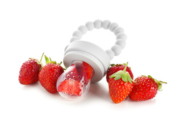 Baby nibbler with ripe strawberry on white background
