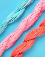Close up of colorful yarn.A minimalist abstract artwork using Ocean Blue, Soft Cyan, and Coral Pink. Highlights color contrast and balance, suitable for contemporary visual projects.