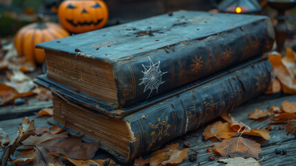 Macro Shot of Old Weathered Spellbook with Halloween-Themed Decorations and Mystical Symbols