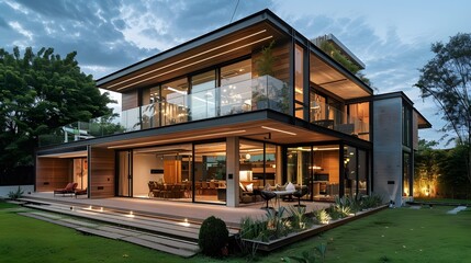 Fototapeta premium Modern Home with Glass Windows and Wooden Accents