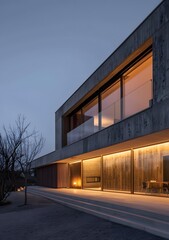 Fototapeta premium Modern Minimalist Concrete House with Wooden Accents and Large Windows at Dusk