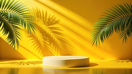 Obraz premium Yellow background studio interior room with tropical palm shadow. Minimalist summer product stage platform mock up. 3d render of square empty space