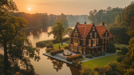 Fototapeta premium Drone Shot of Picturesque Dutch Wedding in Traditional Garden with Guests and Venue