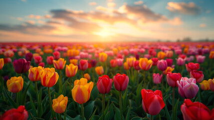 Vibrant Tulip Field with Colorful Tulips in Full Bloom Creating a Picturesque Backdrop