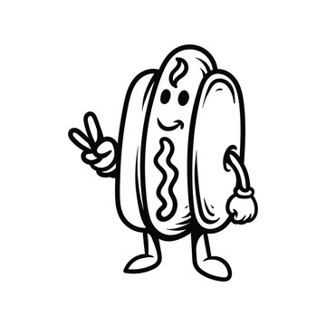 recommend clip art: fun hotdog character line art style sketch classic vintage design illustration