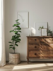 A wooden dresser situated next to a window with a serene atmosphere