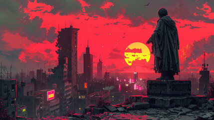 Illustration of Crumbling Statue in Dark, Decaying Cityscape with Neon Accents Highlighting Damage and Ample Copy Space for Corruption or Decay Text