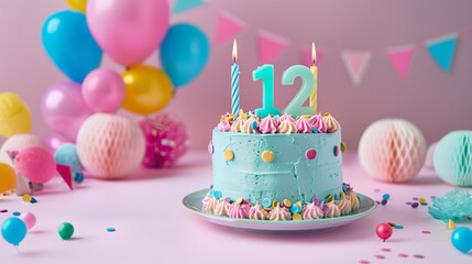 Birthday cake with big fancy burning lit candle number 12. Background for a party or an anniversary celebration with decorations and copy space for text. Plain pastel pink color tone.