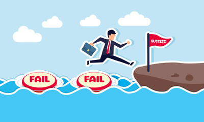 Turning failure into success learning and using creativity to achieve business success, concept of A smart business jumps over multiple failures floating on water, finally reaching the success flag