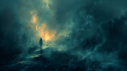 Fototapeta premium Person Walking Through Misty Forest with Dark Background and Soft Neon Highlights