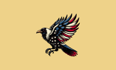 flying crow with american flag vector mascot design