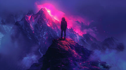 Fototapeta premium Person with Determined Expression Standing on Mountain Peak with Dark Background and Soft Neon Glow