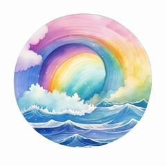 Watercolor, painting of a rainbow and ocean waves. The painting is circular and has a vibrant, colorful feel to it