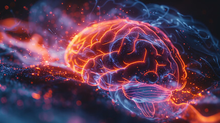 Side View of Brain with Glowing Wave Patterns Representing Brainwaves