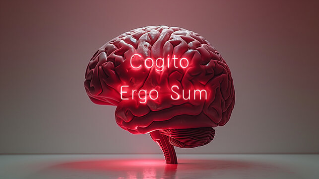 Brain with "Cogito Ergo Sum" Glowing in Neon Colors Highlighting Thought